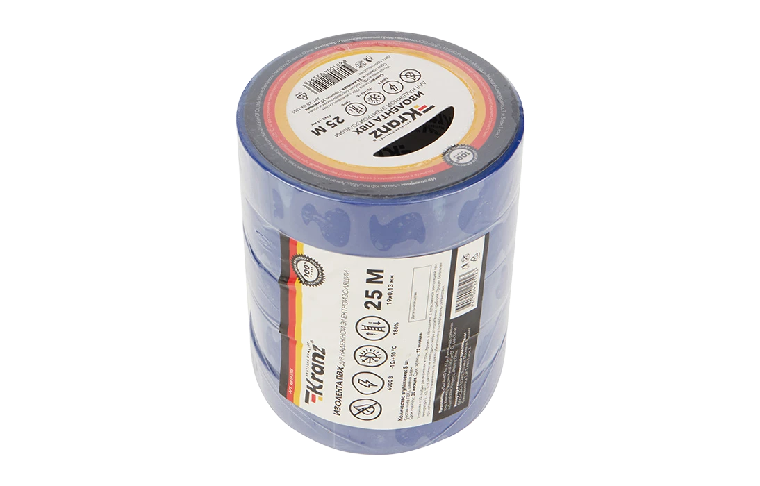 KR-09-2205 Изолента ПВХ KRANZ 19 мм х 25 м, синяя, упаковка 5 роликов