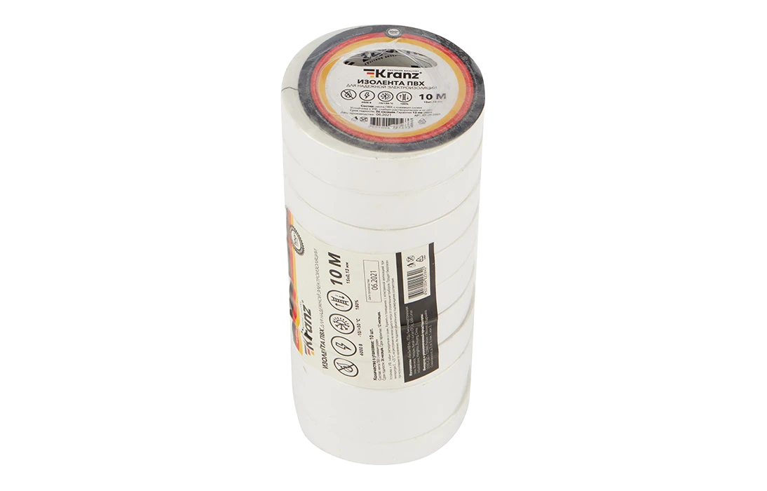 KR-09-2001 Изолента ПВХ KRANZ 0.13х15 мм, 10 м, белая упаковка 10 роликов