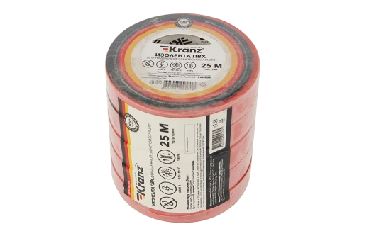 KR-09-2104 Изолента ПВХ KRANZ 15 мм х 25 м, красная, упаковка 5 роликов