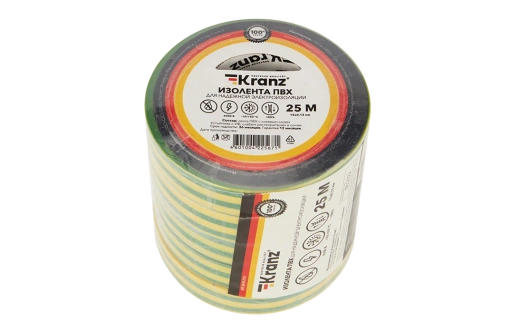 KR-09-2107 Изолента ПВХ KRANZ 15 мм х 25 м, желто-зеленая, упаковка 5 роликов