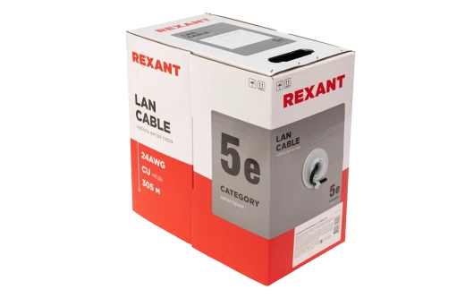 01-0045 REXANT Кабель витая пара U/UTP, CAT 5e, PE, 4PR, 24AWG, OUTDOOR, SOLID, черный, 305м
