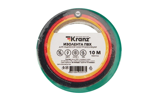 KR-09-2003 Изолента ПВХ KRANZ 15 мм х 10 м, зеленая, упаковка 10 роликов