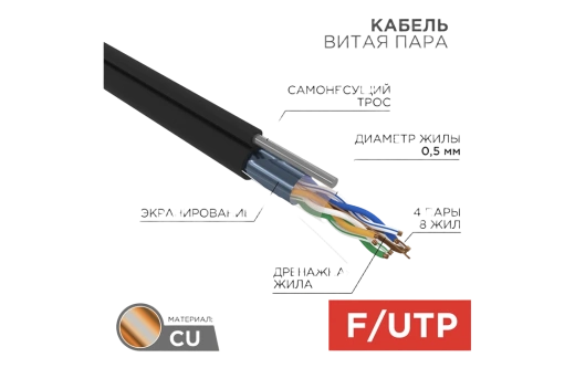 01-0144 Кабель витая пара REXANT FTP 4PR 24AWG, CAT5e, наружный (OUTDOOR) + ТРОС*1 (бухта 305 м)
