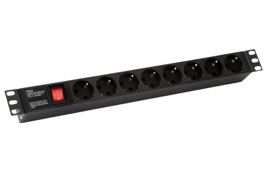 255002 Hyperline SHE19-8SH-S-IEC Блок розеток для 19" шкафов, горизонтальный, с выключателем с подсветкой, 8 розеток Schuko (10А), 250В, без кабеля пи