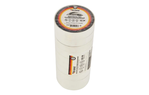 KR-09-2801 Изолента ПВХ профессиональная KRANZ 0.18 х 19 мм х 20 м, белая, упаковка 10 роликов