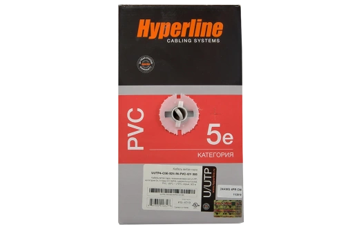 41903 Hyperline UUTP4-C5E-S24-IN-PVC-GY-305 (305 м) Кабель витая пара, неэкранированная U/UTP, категория 5e, 4 пары (24 AWG), одножильный (solid), PVC