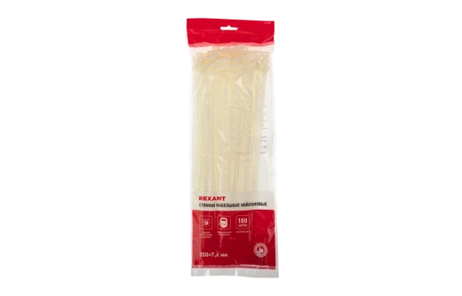 07-0352 Хомут-стяжка кабельная нейлоновая REXANT 350 x7,6 мм, белая, упаковка 100 шт.
