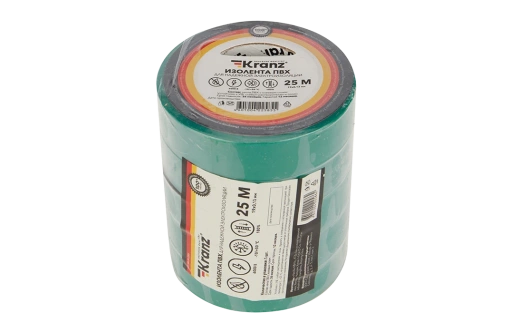 KR-09-2203 Изолента ПВХ KRANZ 0.13х19 мм, 25 м, зеленая упаковка 5 роликов