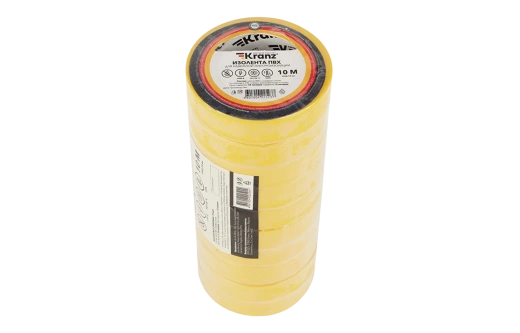 KR-09-2002 Изолента ПВХ KRANZ 0.13х15 мм, 10 м, желтая упаковка 10 роликов