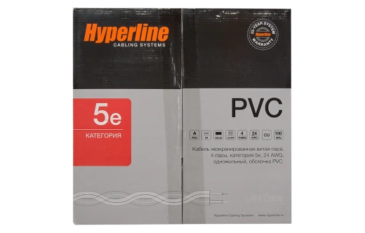 41903 Hyperline UUTP4-C5E-S24-IN-PVC-GY-305 (305 м) Кабель витая пара, неэкранированная U/UTP, категория 5e, 4 пары (24 AWG), одножильный (solid), PVC