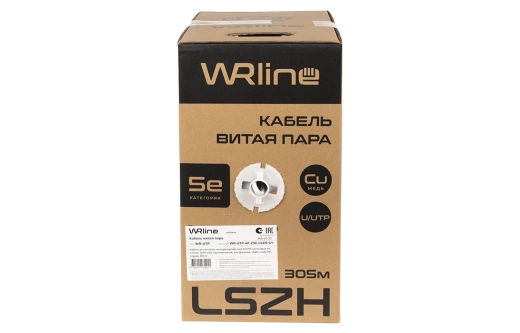 WRline WR-UTP-4P-C5E-LSZH-GY Кабель витая пара, неэкранированный U/UTP, категория 5e, 4 пары (0,50 мм), одножильный, внутренний, LSZH, нг(A)-HF, серый, 305 м