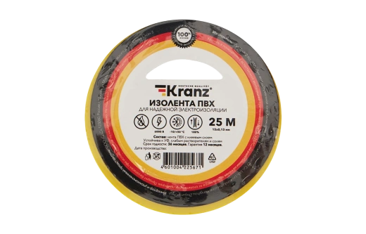 KR-09-2107 Изолента ПВХ KRANZ 15 мм х 25 м, желто-зеленая, упаковка 5 роликов
