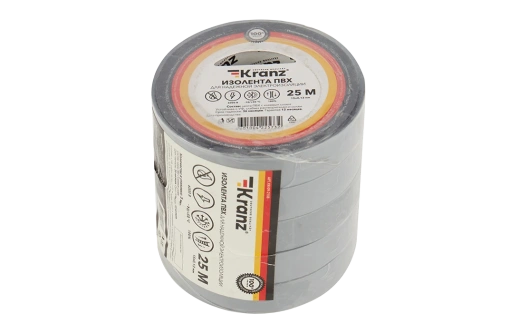 KR-09-2108 Изолента ПВХ KRANZ 15 мм х 25 м, серая, упаковка 5 роликов