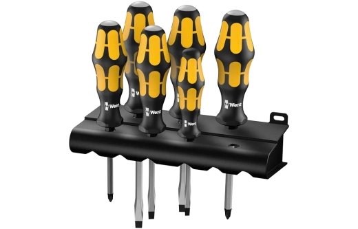 WE-018282	932/6 Набор отвёрток силовых с подставкой, 6 пр., PH 1x80/2x100, SL 0.6x3.5x80/0.8x4.5x90/1x5.5x100/1.2x7.0x125
