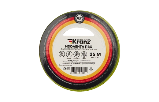 KR-09-2207 Изолента ПВХ KRANZ 0.13х19 мм, 25 м, желто-зеленая упаковка 5 роликов
