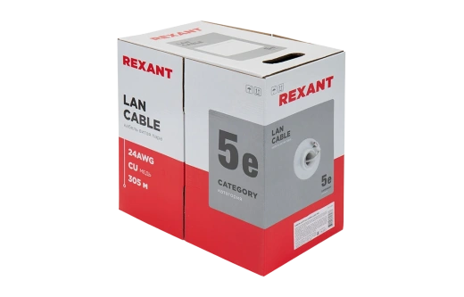 01-0023 REXANT Кабель витая пара UTP 2PR 24AWG, CAT5e, бухта 305 м, серый