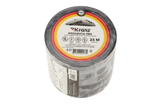 KR-09-2106 Изолента ПВХ KRANZ 15 мм х 25 м, черная, упаковка 5 роликов