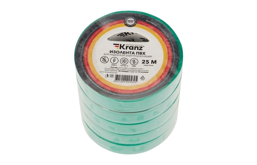 KR-09-2103 Изолента ПВХ KRANZ 15 мм х 25 м, зеленая, упаковка 5 роликов
