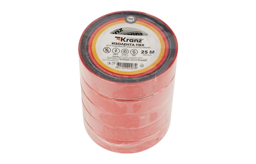 KR-09-2204 Изолента ПВХ KRANZ 19 мм х 25 м, красная, упаковка 5 роликов