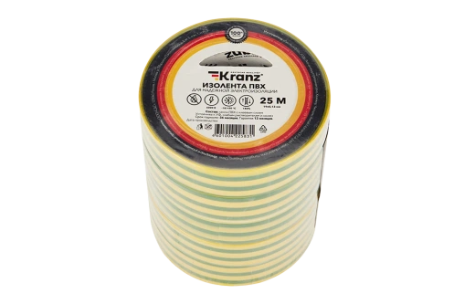 KR-09-2207 Изолента ПВХ KRANZ 0.13х19 мм, 25 м, желто-зеленая упаковка 5 роликов