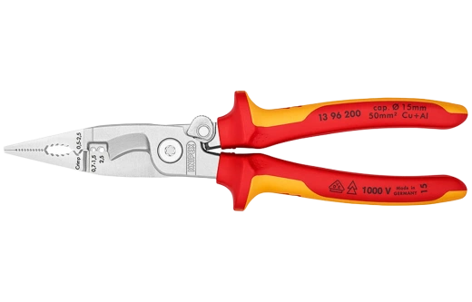 KN-1396200	Клещи электромонтажные VDE, 6-в-1, 200 мм, защёлка-"собачка", хром, 2-комп диэлектрические ручки