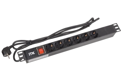 PH12-6D1-P ITK PDU 6 роз. нем.ст. с выкл 1U каб. 2м вилка нем.ст ПВХ чер