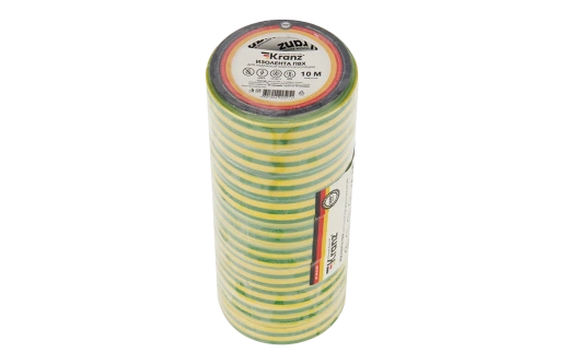 KR-09-2007 Изолента ПВХ KRANZ 0.13х15 мм, 10 м, желто-зеленая упаковка 10 роликов