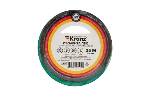 KR-09-2203 Изолента ПВХ KRANZ 0.13х19 мм, 25 м, зеленая упаковка 5 роликов