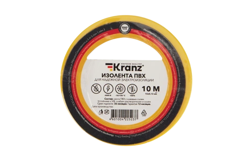 KR-09-2002 Изолента ПВХ KRANZ 0.13х15 мм, 10 м, желтая упаковка 10 роликов