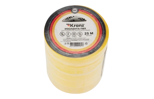 KR-09-2202 Изолента ПВХ KRANZ 19 мм х 25 м, желтая, упаковка 5 роликов