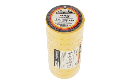 KR-09-2602 Изолента ПВХ KRANZ 15 мм х 20 м, желтая, упаковка 10 роликов